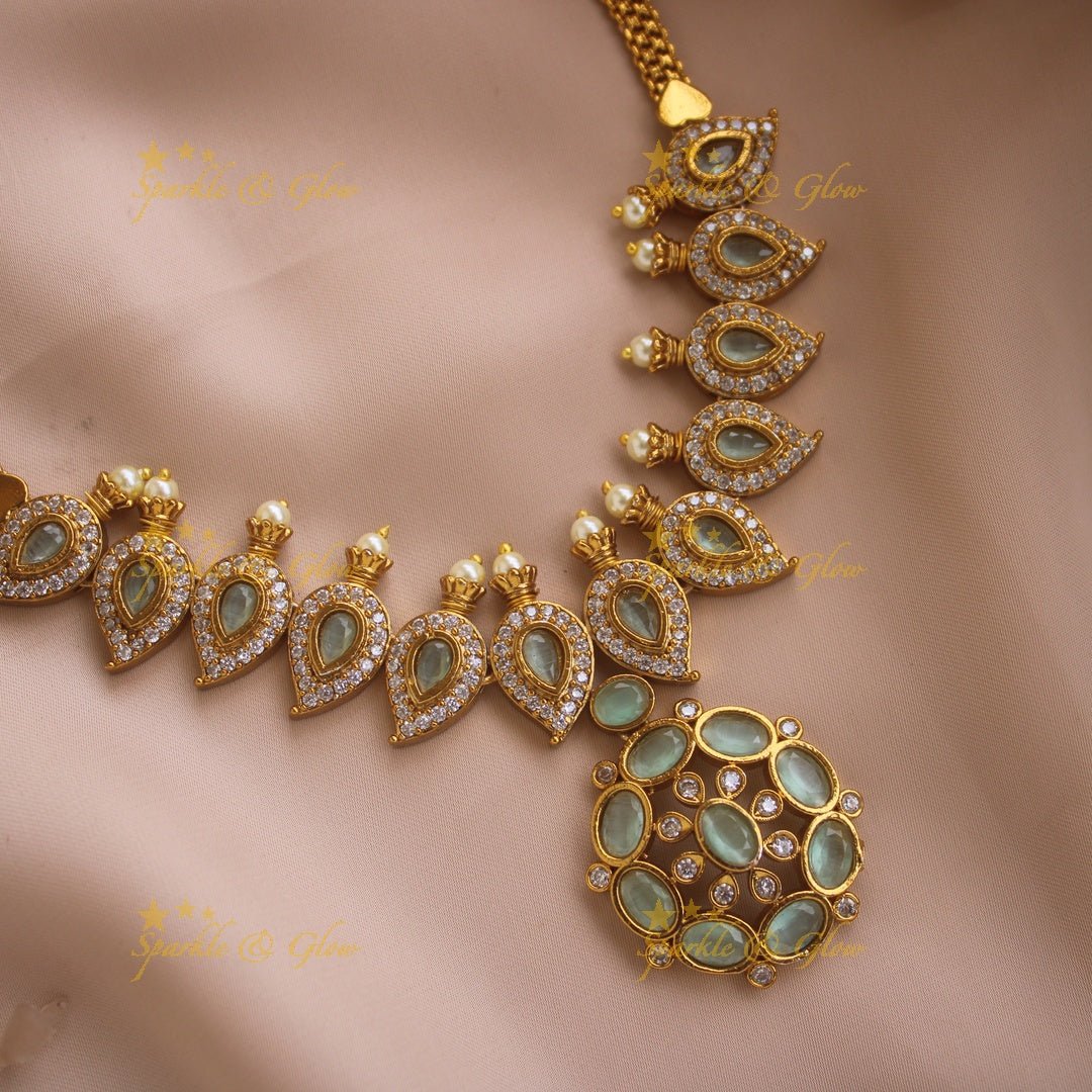 Stunning Floral mango design AD short necklace with ruby stones and pearls - pink - Sparkle and Glow - Pink - Back Thread