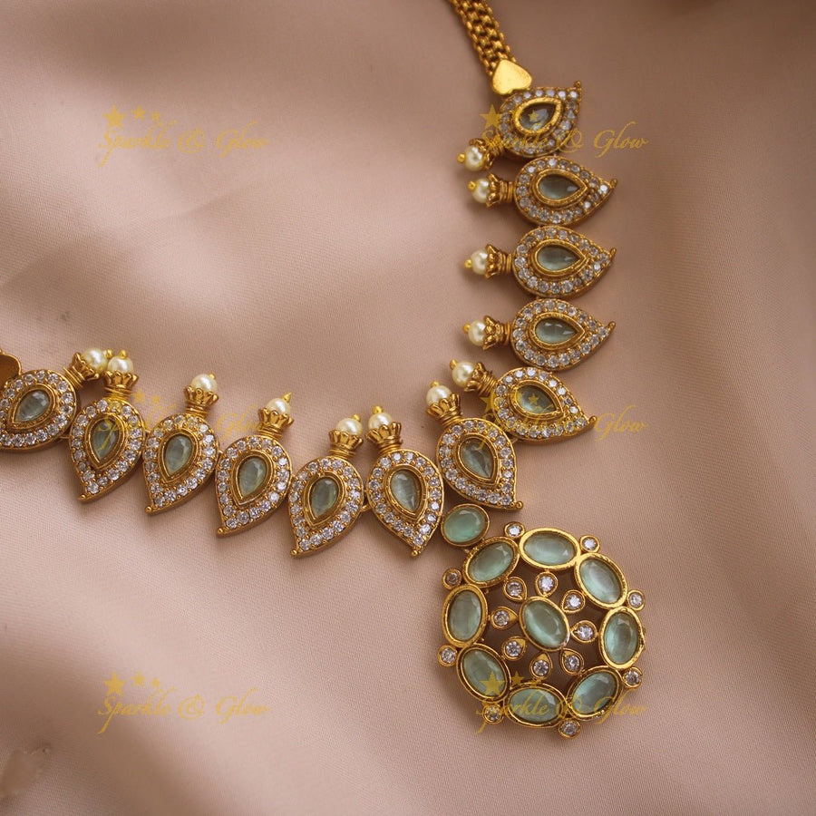 Stunning Floral mango design AD short necklace with ruby stones and pearls - pink - Sparkle and Glow - Pink - Back Thread