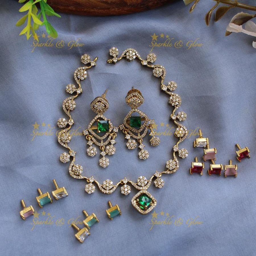 Gorgeous Floral design AD short necklace with multi colour interchangeable stones - Sparkle and Glow