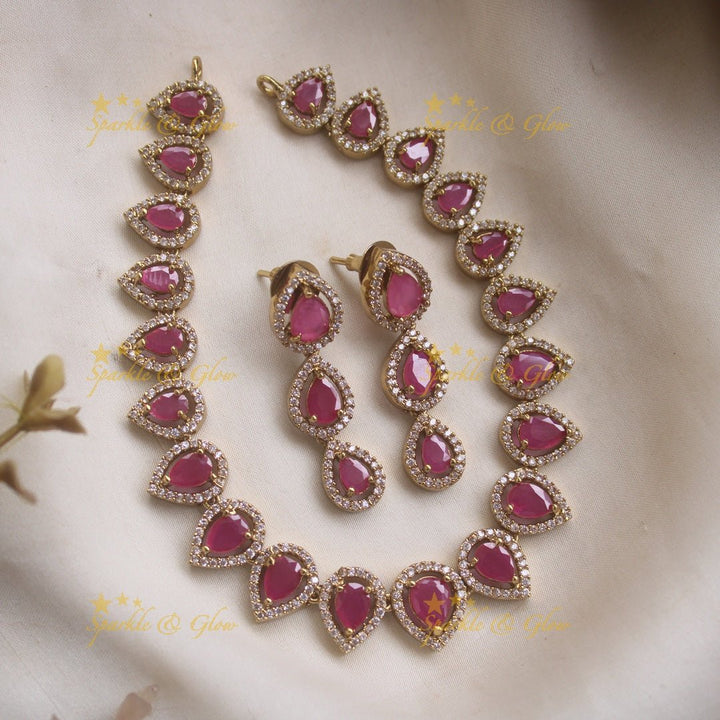 Elegant Water drop design AD short necklace with pink stones - Sparkle and Glow - Pink - Back Thread