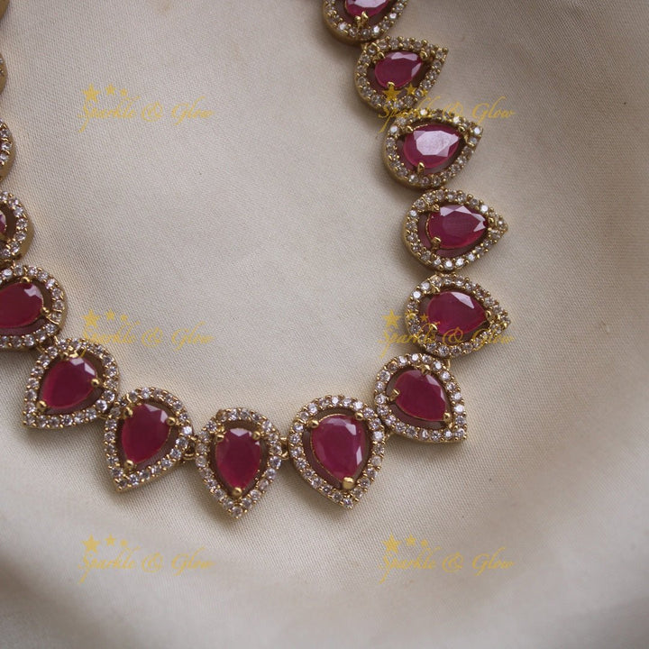 Elegant Water drop design AD short necklace with pink stones - Sparkle and Glow - Navyblue - Back Thread