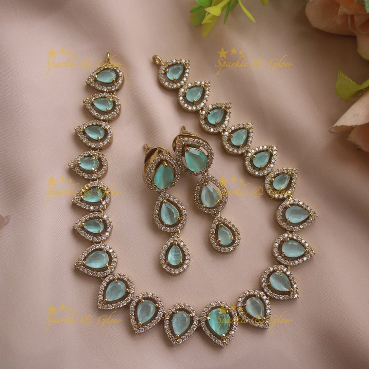 Elegant Water drop design AD short necklace with pink stones - Sparkle and Glow - Mintgreen - Back Thread