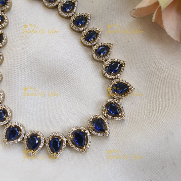 Elegant Water drop design AD short necklace with pink stones - Sparkle and Glow - Navyblue - Back Thread