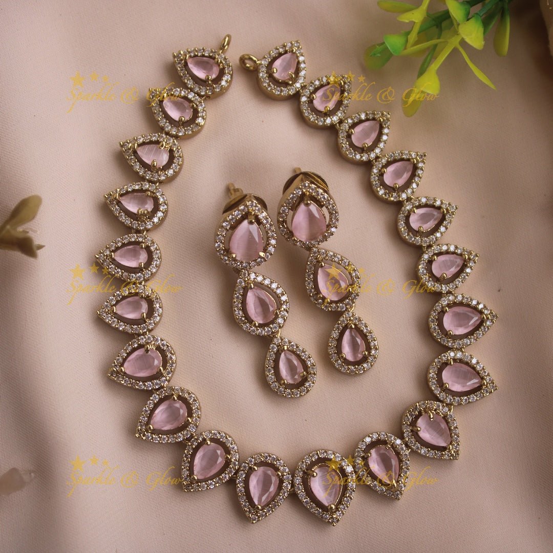 Elegant Water drop design AD short necklace with pink stones - Sparkle and Glow - White - Back Thread