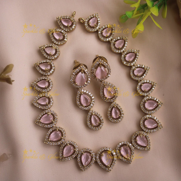 Elegant Water drop design AD short necklace with pink stones - Sparkle and Glow - White - Back Thread