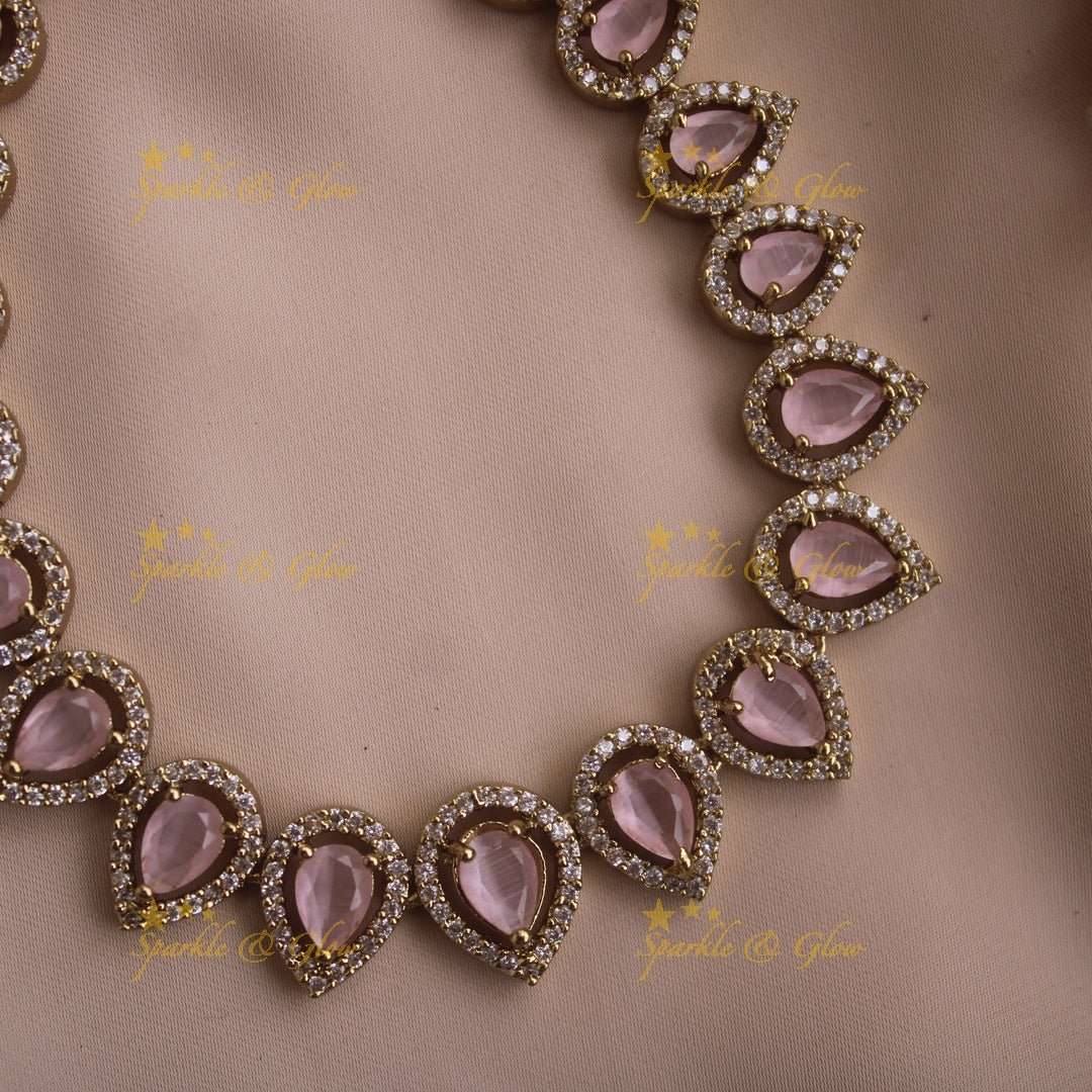 Elegant Water drop design AD short necklace with pink stones - Sparkle and Glow - Babypink - Back Thread