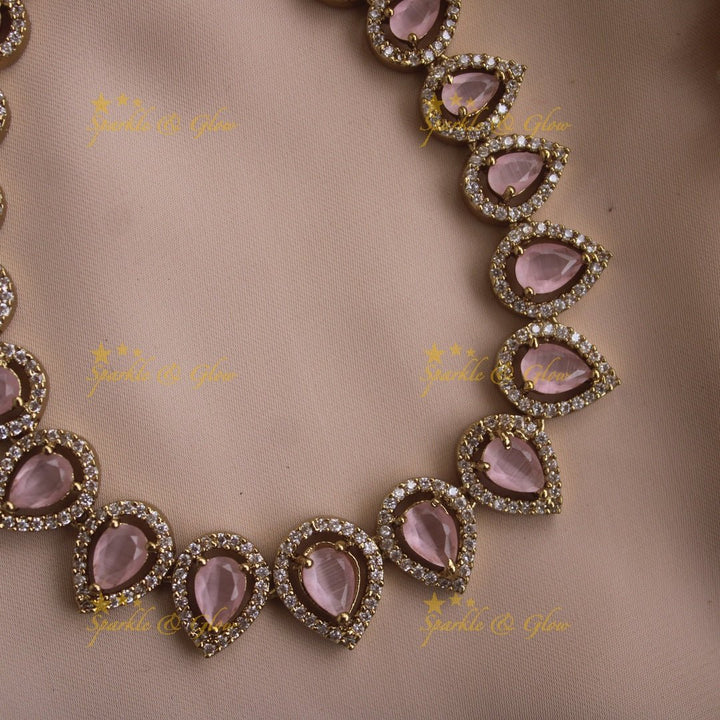 Elegant Water drop design AD short necklace with pink stones - Sparkle and Glow - Babypink - Back Thread