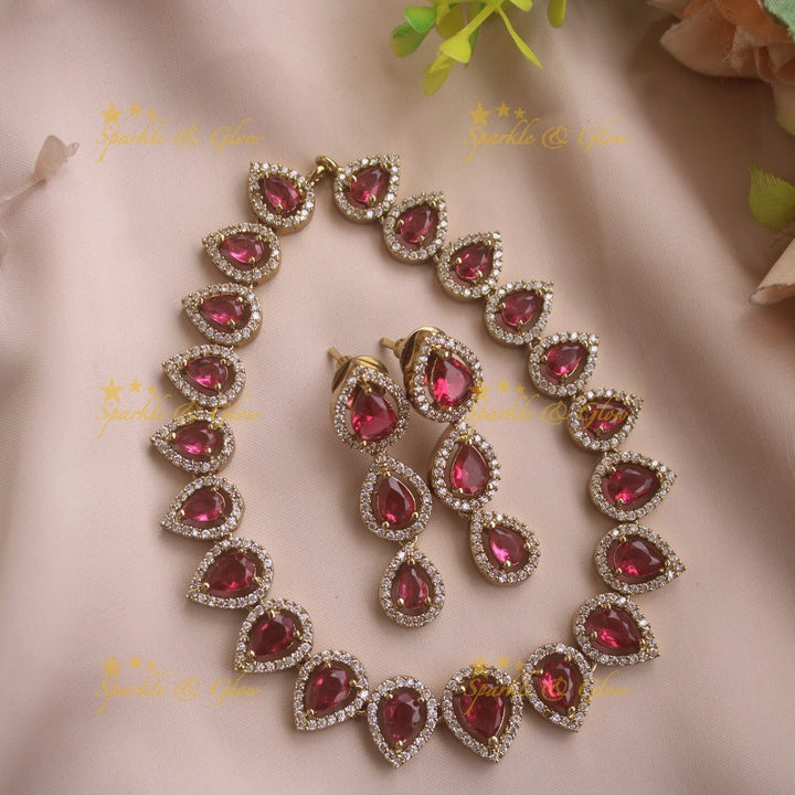 Elegant Water drop design AD short necklace with pink stones - Sparkle and Glow - Navyblue - Back Thread