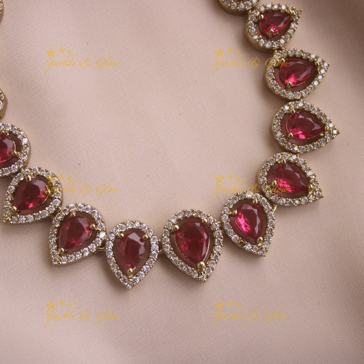 Elegant Water drop design AD short necklace with pink stones - Sparkle and Glow - White - Back Thread