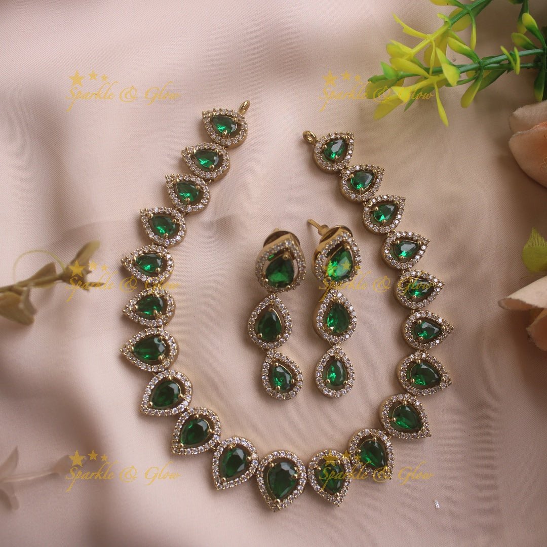 Elegant Water drop design AD short necklace with pink stones - Sparkle and Glow - Green - Back Thread