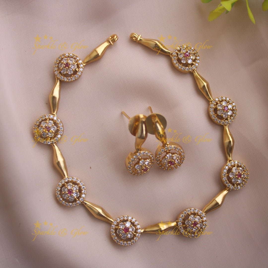 Beautiful Floral and ciircle design AD short necklace with ruby stones - pink - Sparkle and Glow - Pink - Back Thread