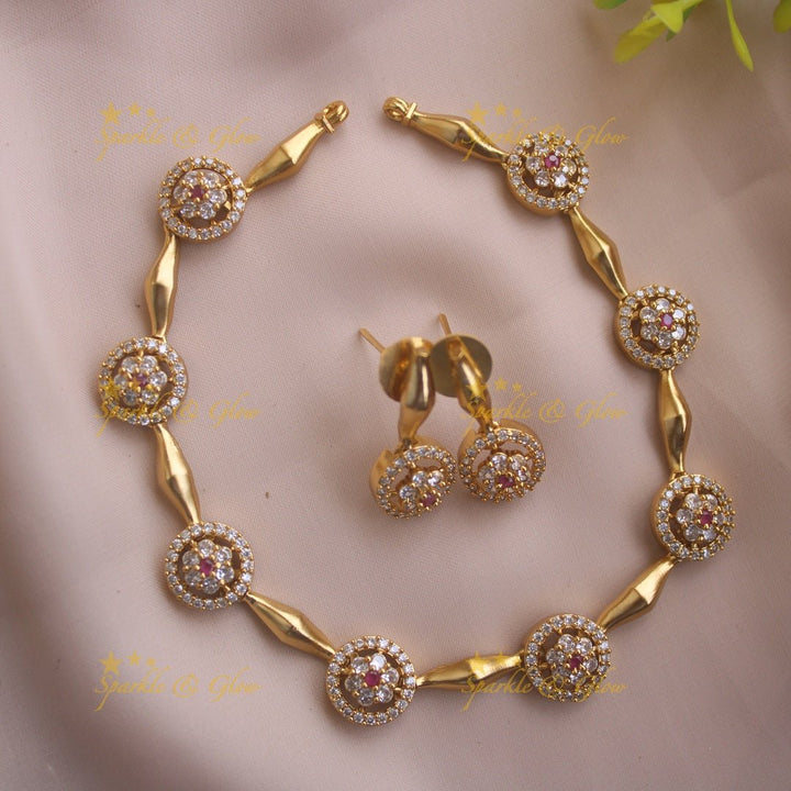 Beautiful Floral and ciircle design AD short necklace with ruby stones - pink - Sparkle and Glow - Pink - Back Thread