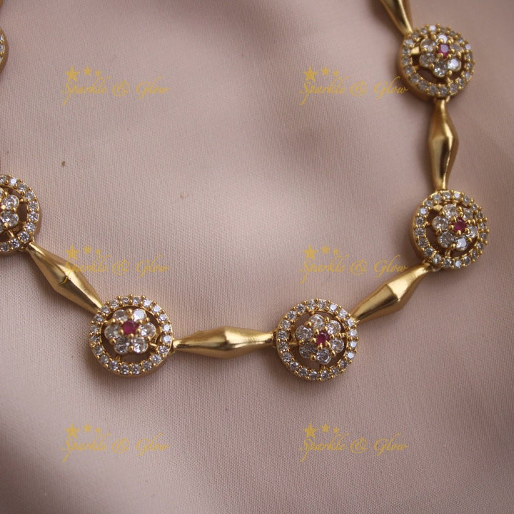 Beautiful Floral and ciircle design AD short necklace with ruby stones - pink - Sparkle and Glow - Multi - Back Thread