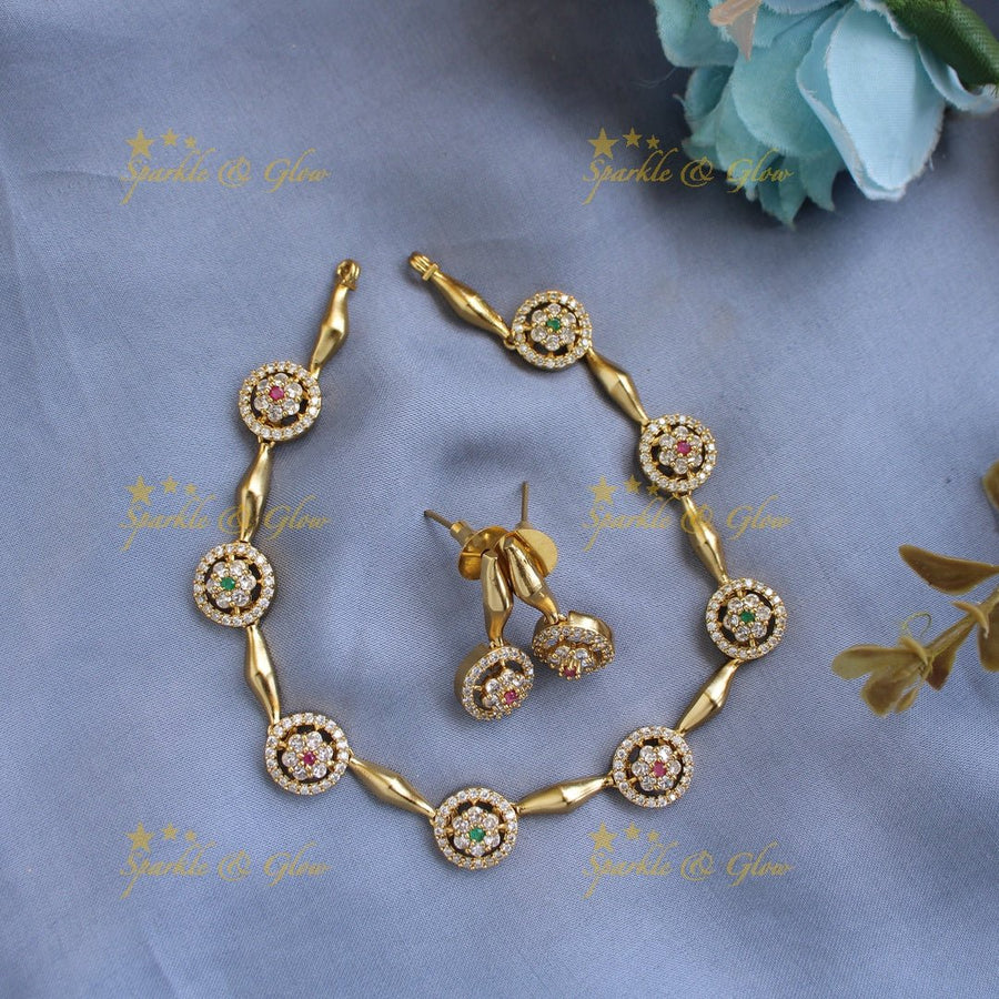 Beautiful Floral and ciircle design AD short necklace with ruby stones - pink - Sparkle and Glow - Pink - Back Thread