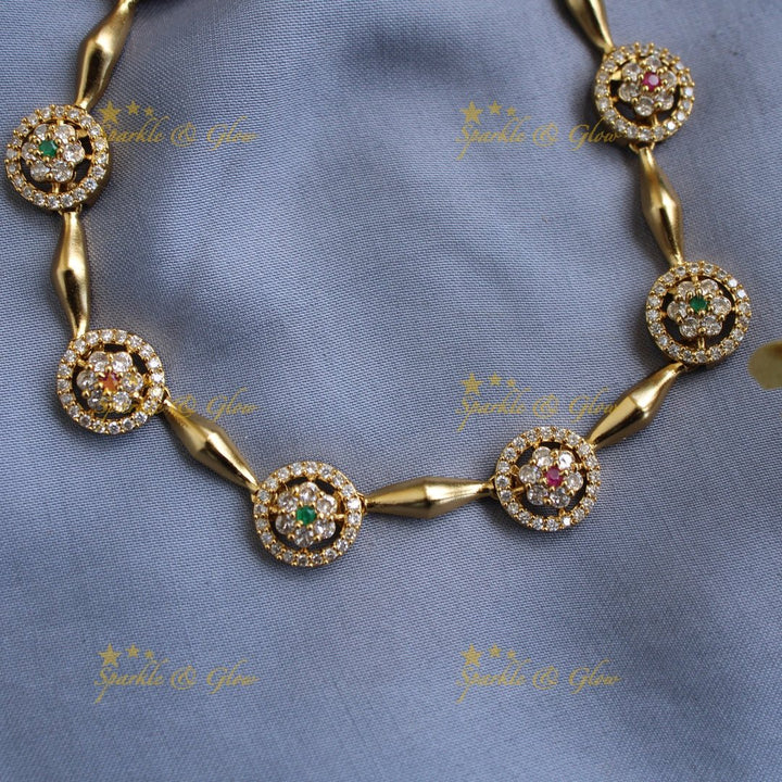 Beautiful Floral and ciircle design AD short necklace with ruby stones - pink - Sparkle and Glow - White - Back Thread
