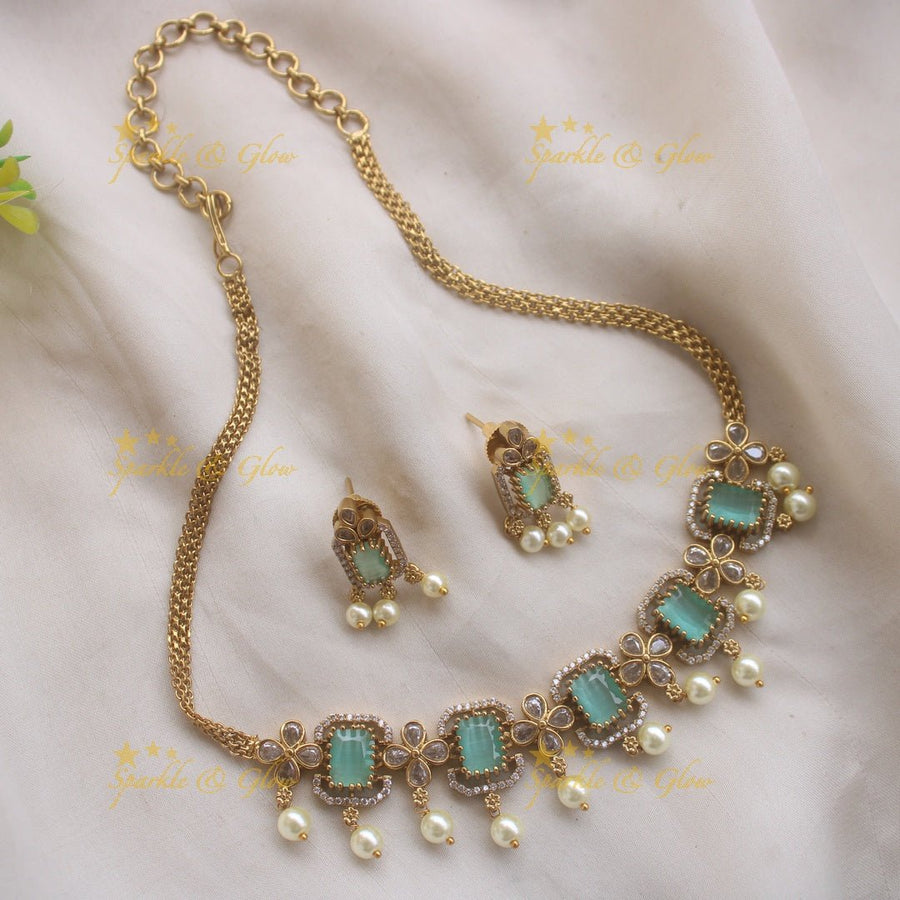 Sparkling Floral and rectangle stone design AD short necklace with pearl drops - white - Sparkle and Glow - Mintgreen - Back Thread