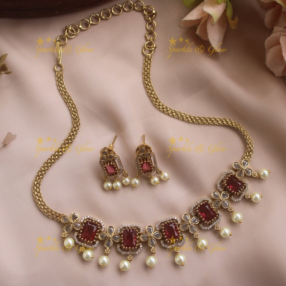 Sparkling Floral and rectangle stone design AD short necklace with pearl drops - white - Sparkle and Glow - Red - Back Thread