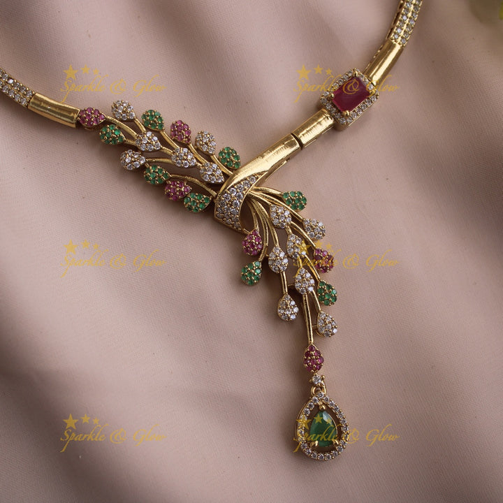Gorgeous Leaf design AD short necklace with ruby emerald and stone drop
