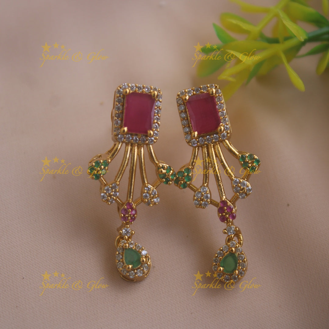 Gorgeous Leaf design AD short necklace with ruby emerald and stone drop