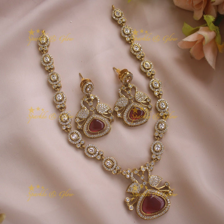 Beautiful Peacock and oval design AD short necklace with ruby stones - red - Sparkle and Glow - Red - Back Thread