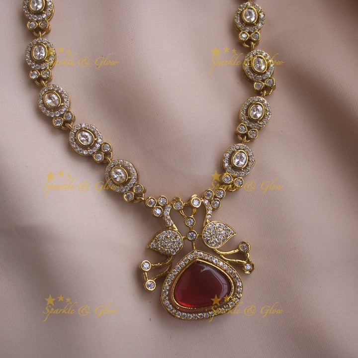 Beautiful Peacock and oval design AD short necklace with ruby stones - red - Sparkle and Glow - Red - Back Thread