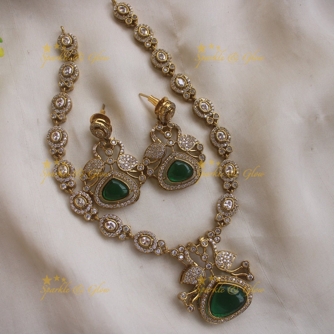 Beautiful Peacock and oval design AD short necklace with ruby stones - red - Sparkle and Glow - Green - Back Thread