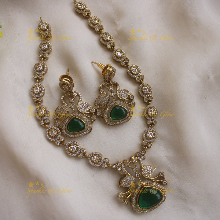 Beautiful Peacock and oval design AD short necklace with ruby stones - red - Sparkle and Glow - Green - Back Thread