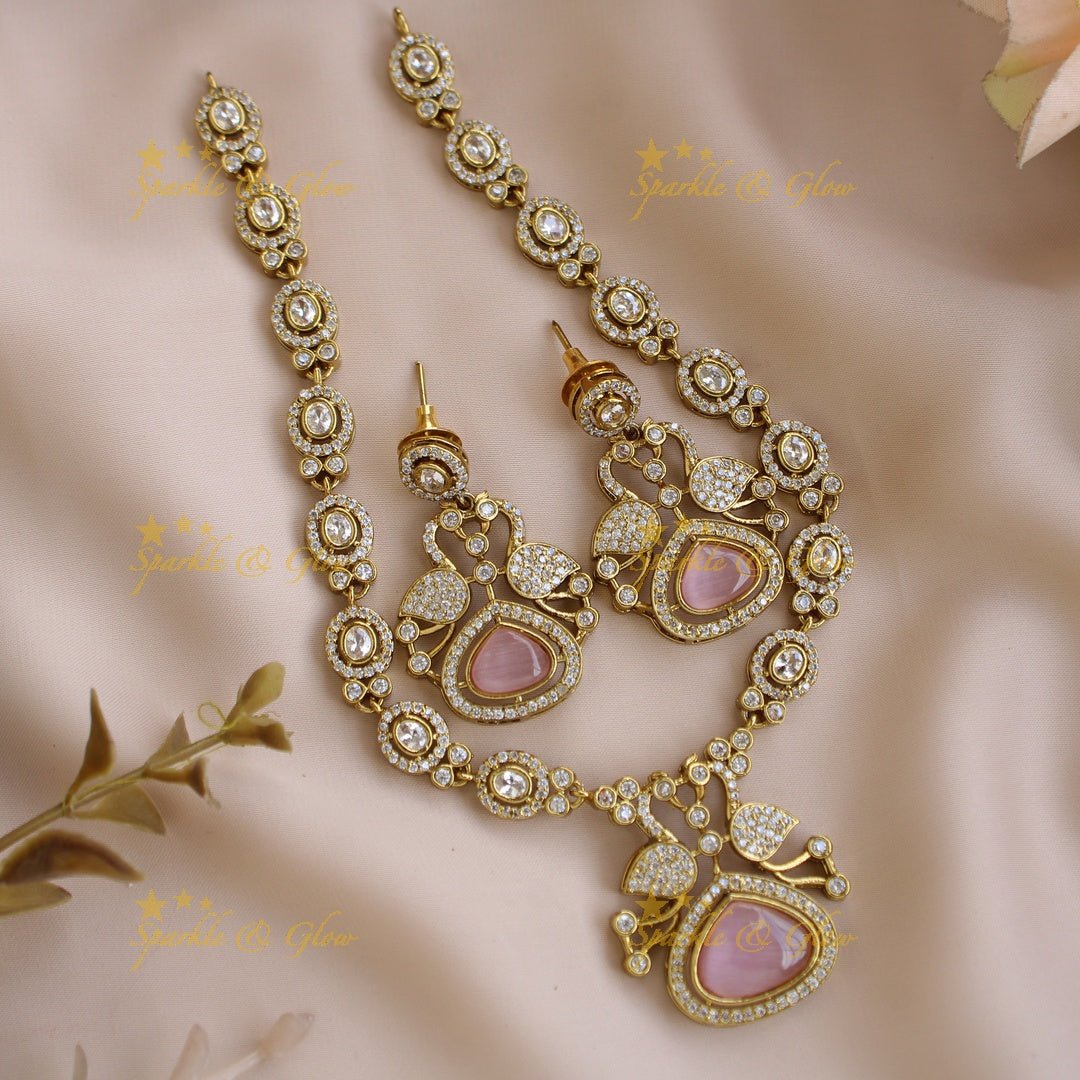 Beautiful Peacock and oval design AD short necklace with ruby stones - red - Sparkle and Glow - Babypink - Back Thread