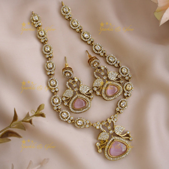 Beautiful Peacock and oval design AD short necklace with ruby stones - red - Sparkle and Glow - Babypink - Back Thread