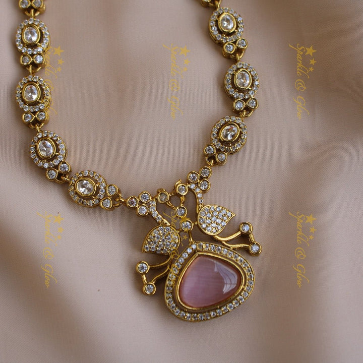 Beautiful Peacock and oval design AD short necklace with ruby stones - red - Sparkle and Glow - Red - Back Thread