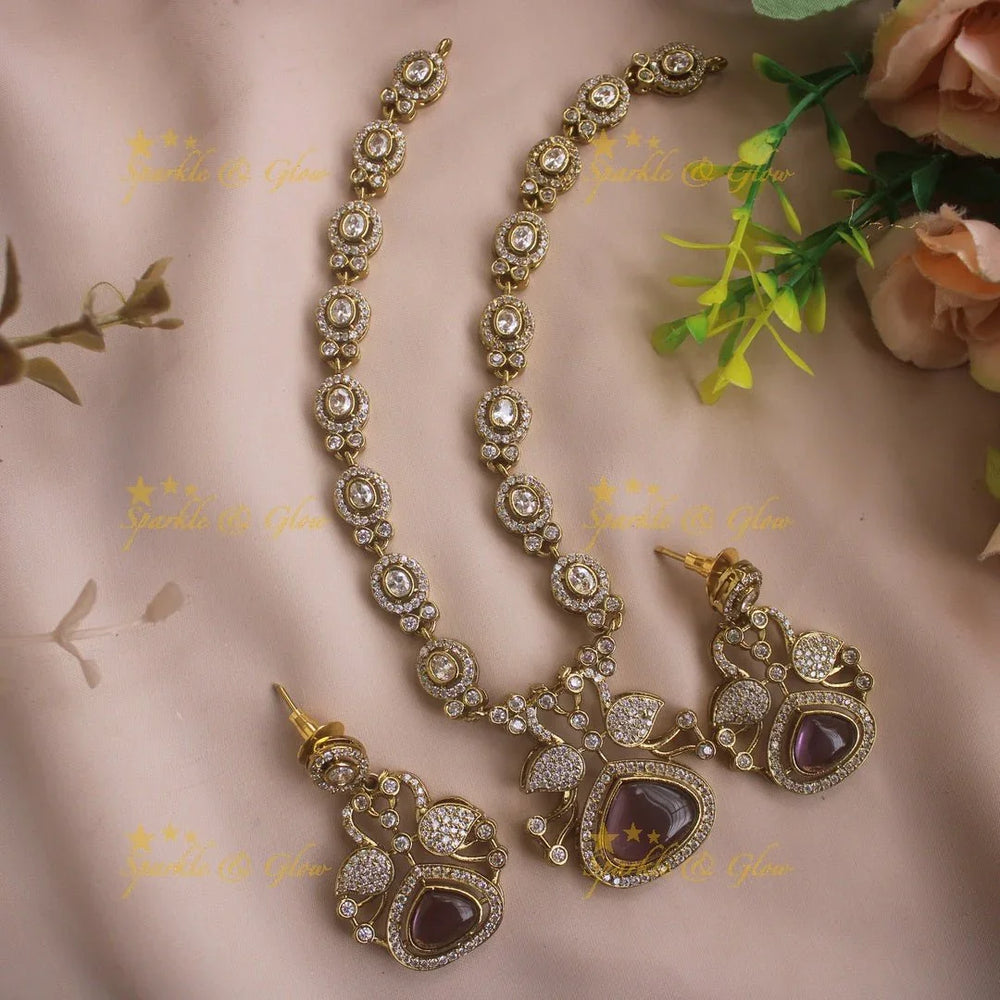 Beautiful Peacock and oval design AD short necklace with ruby stones - red - Sparkle and Glow
