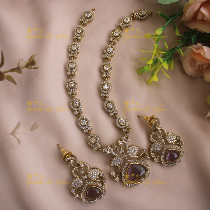 Beautiful Peacock and oval design AD short necklace with ruby stones - red - Sparkle and Glow - Purple - Back Thread