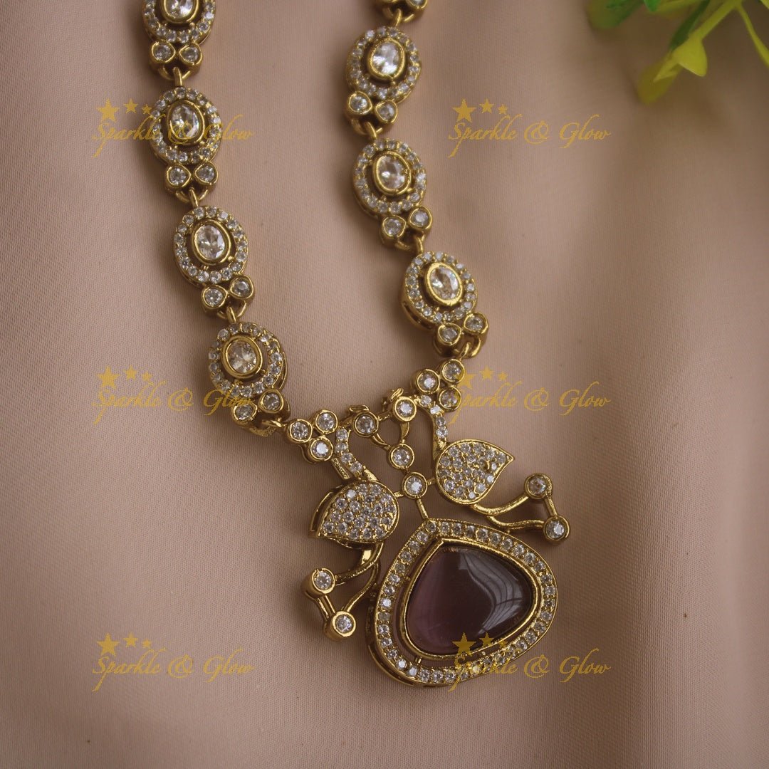 Beautiful Peacock and oval design AD short necklace with ruby stones - red - Sparkle and Glow - Babypink - Back Thread