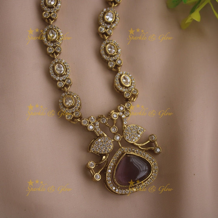 Beautiful Peacock and oval design AD short necklace with ruby stones - red - Sparkle and Glow - Babypink - Back Thread