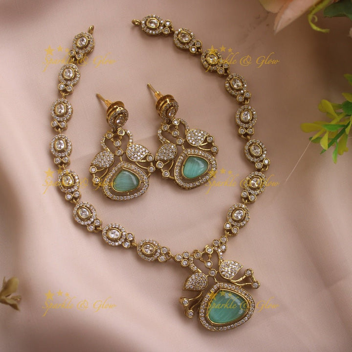 Beautiful Peacock and oval design AD short necklace with ruby stones - red - Sparkle and Glow - Red - Back Thread