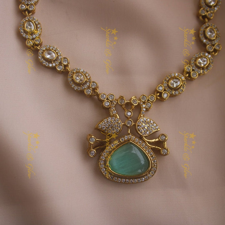 Beautiful Peacock and oval design AD short necklace with ruby stones - red - Sparkle and Glow - Mintgreen - Back Thread
