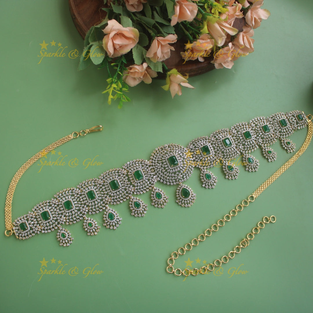 GJ polish Sparkling Floral design american diamond hipchain with droppings