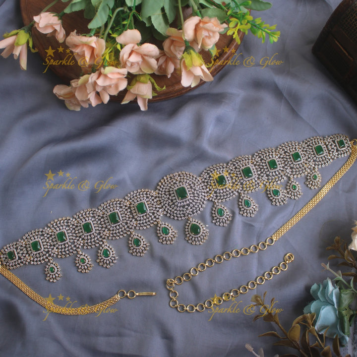 GJ polish Sparkling Floral design american diamond hipchain with droppings