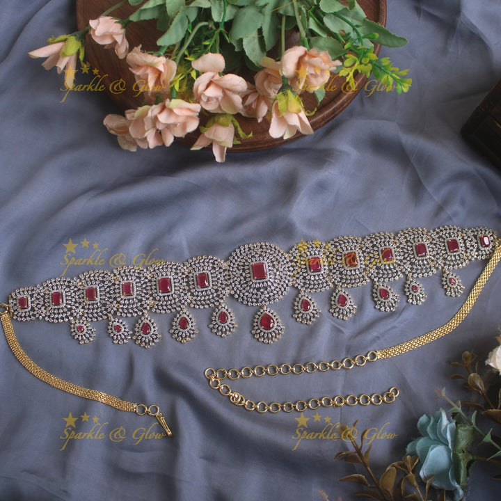 GJ polish Sparkling Floral design american diamond hipchain with droppings