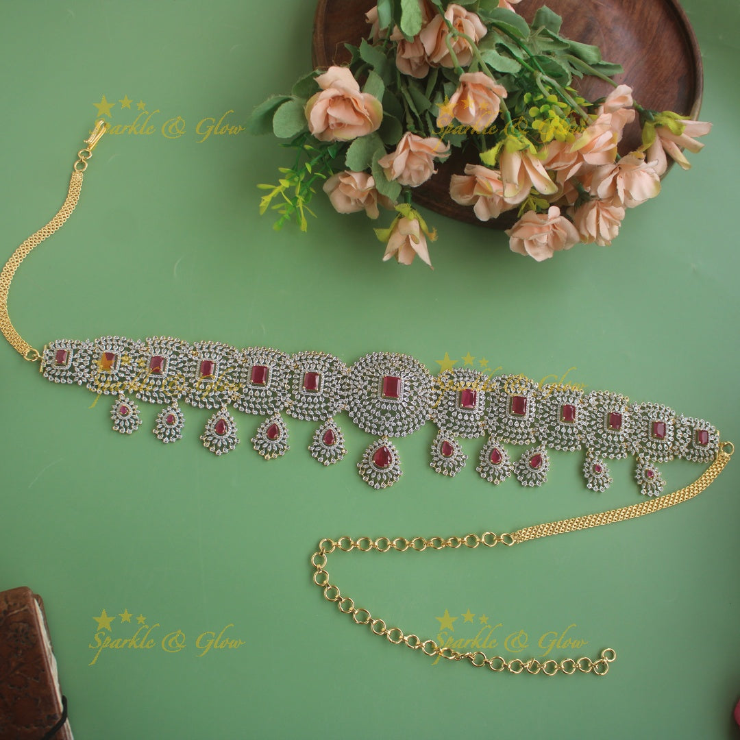 GJ polish Sparkling Floral design american diamond hipchain with droppings