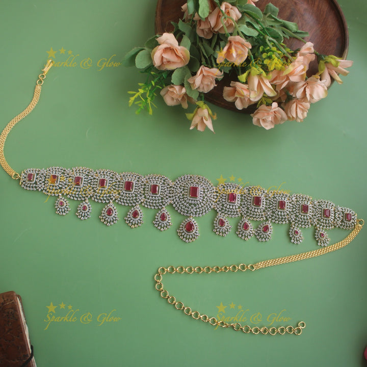 GJ polish Sparkling Floral design american diamond hipchain with droppings