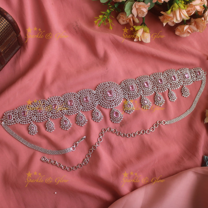 GJ polish Sparkling Floral design american diamond hipchain with droppings