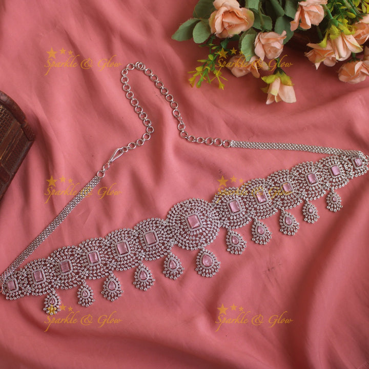 GJ polish Sparkling Floral design american diamond hipchain with droppings