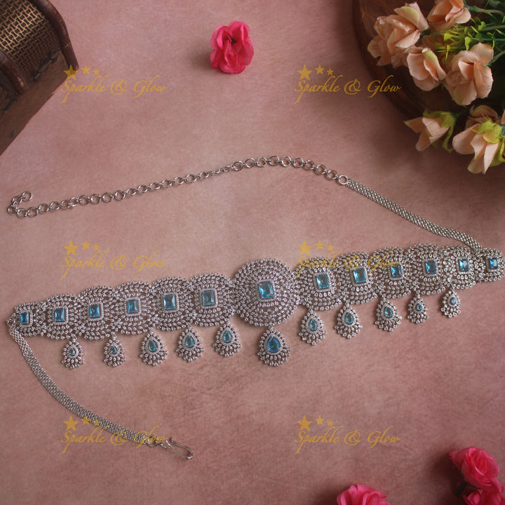 GJ polish Sparkling Floral design american diamond hipchain with droppings