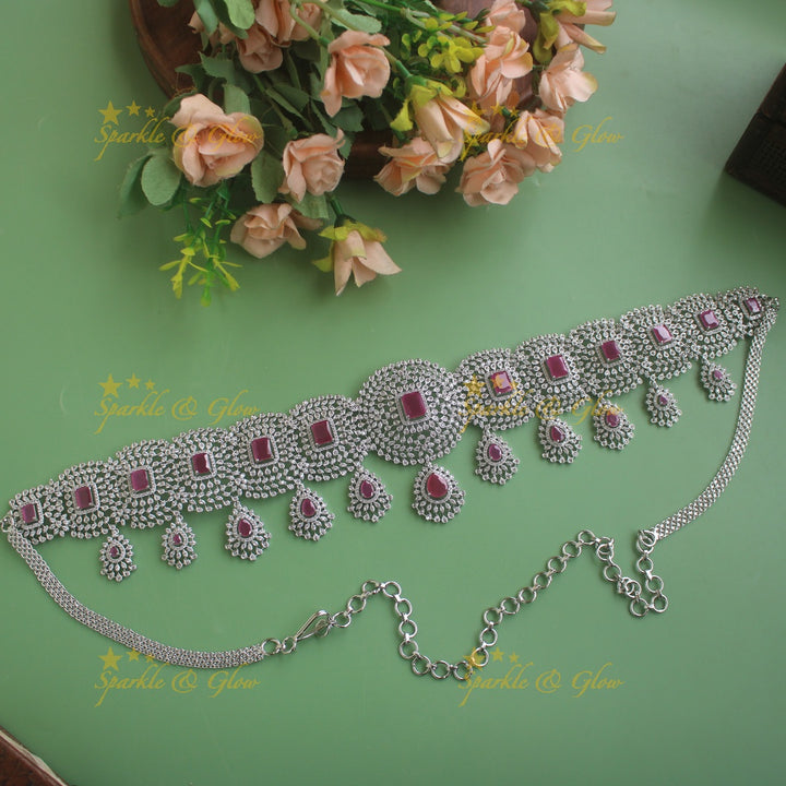 GJ polish Sparkling Floral design american diamond hipchain with droppings