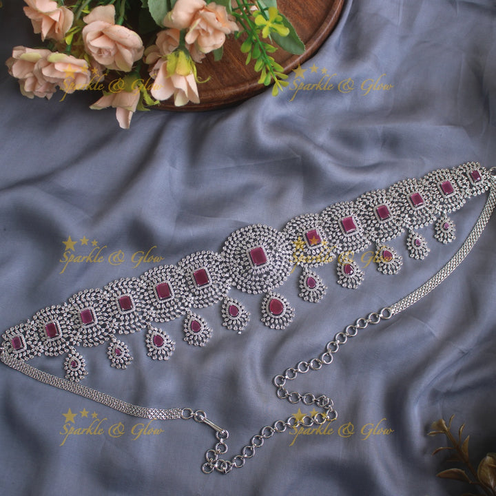 GJ polish Sparkling Floral design american diamond hipchain with droppings