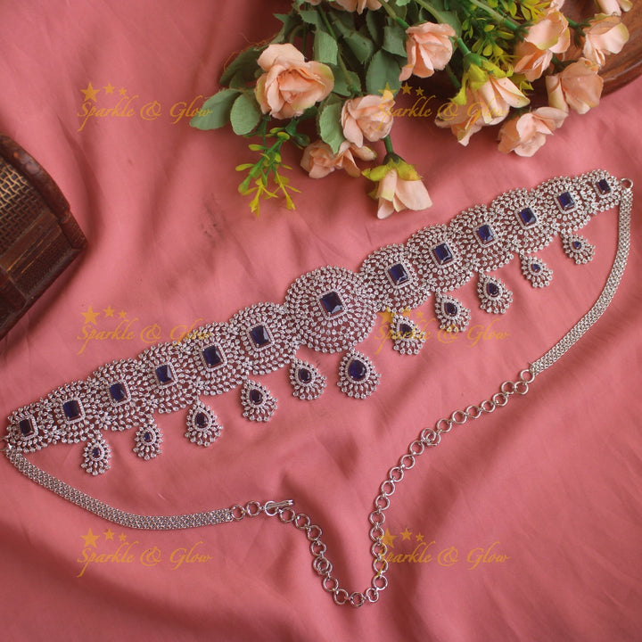 GJ polish Sparkling Floral design american diamond hipchain with droppings