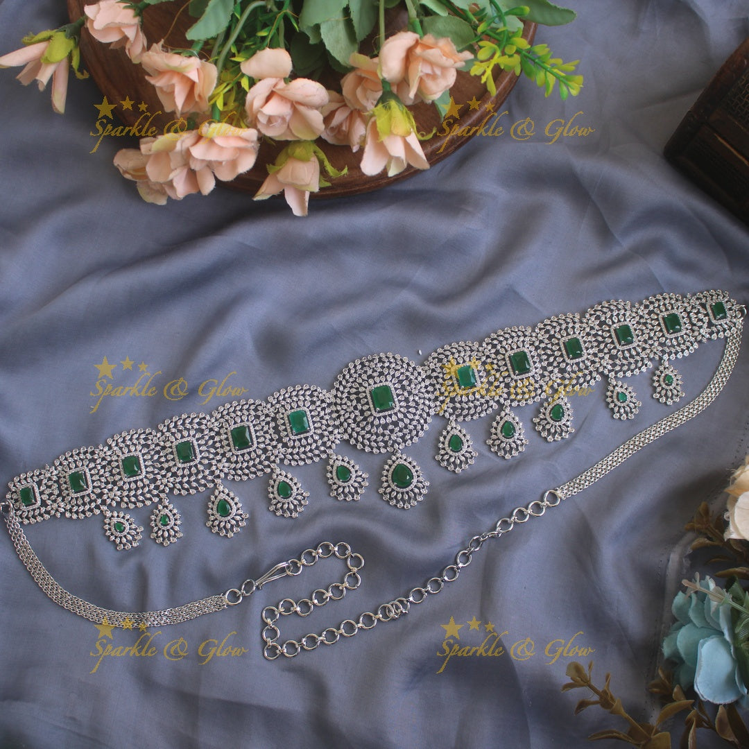 GJ polish Sparkling Floral design american diamond hipchain with droppings