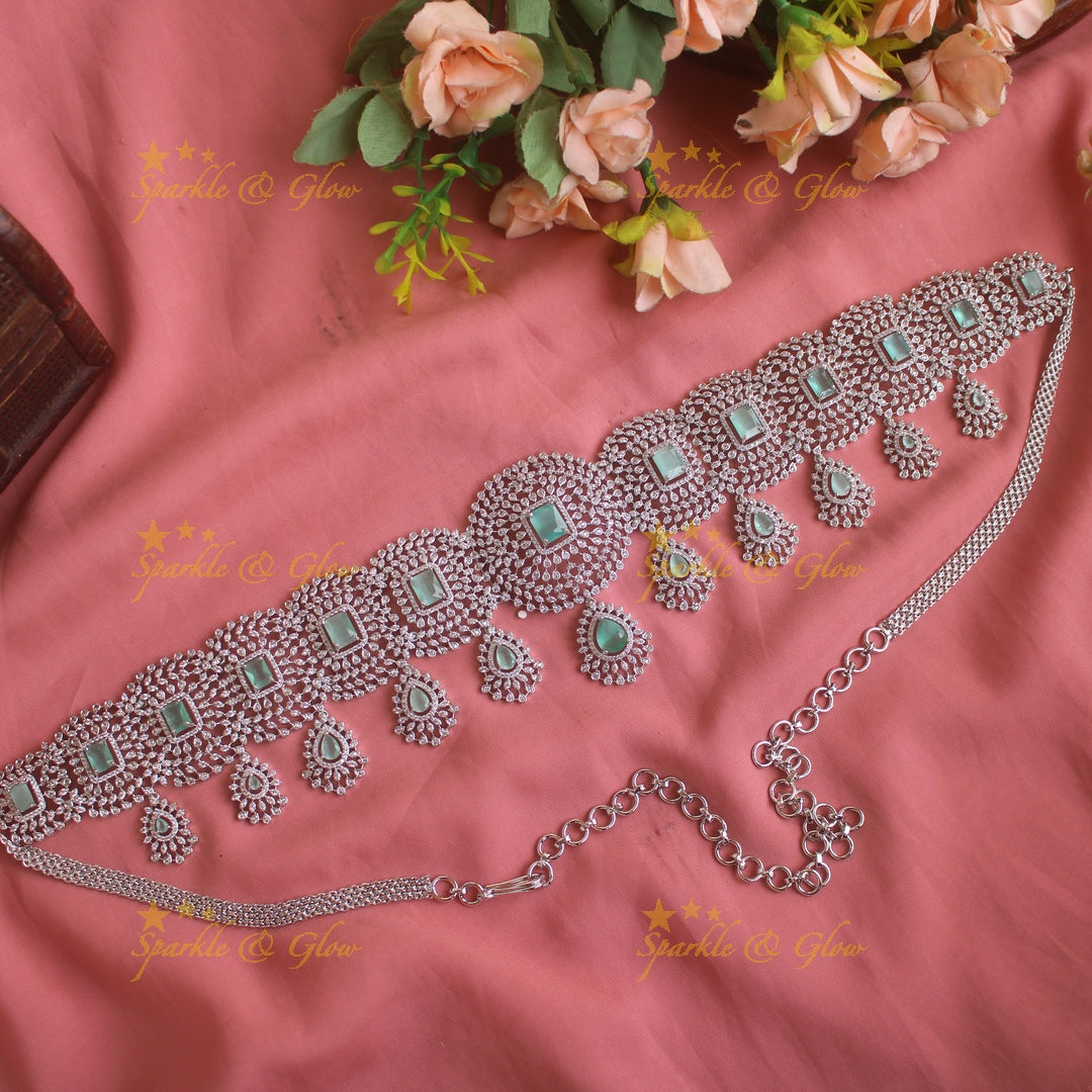 GJ polish Sparkling Floral design american diamond hipchain with droppings
