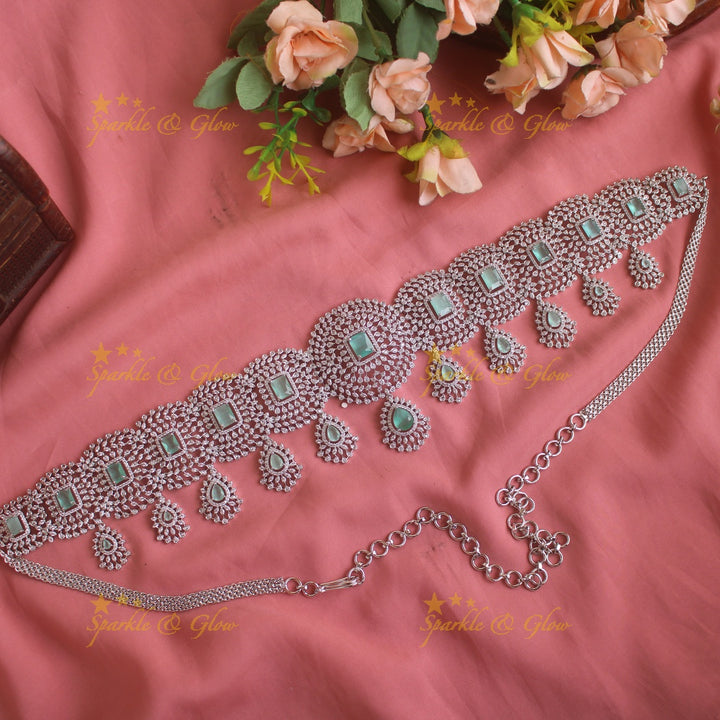 GJ polish Sparkling Floral design american diamond hipchain with droppings